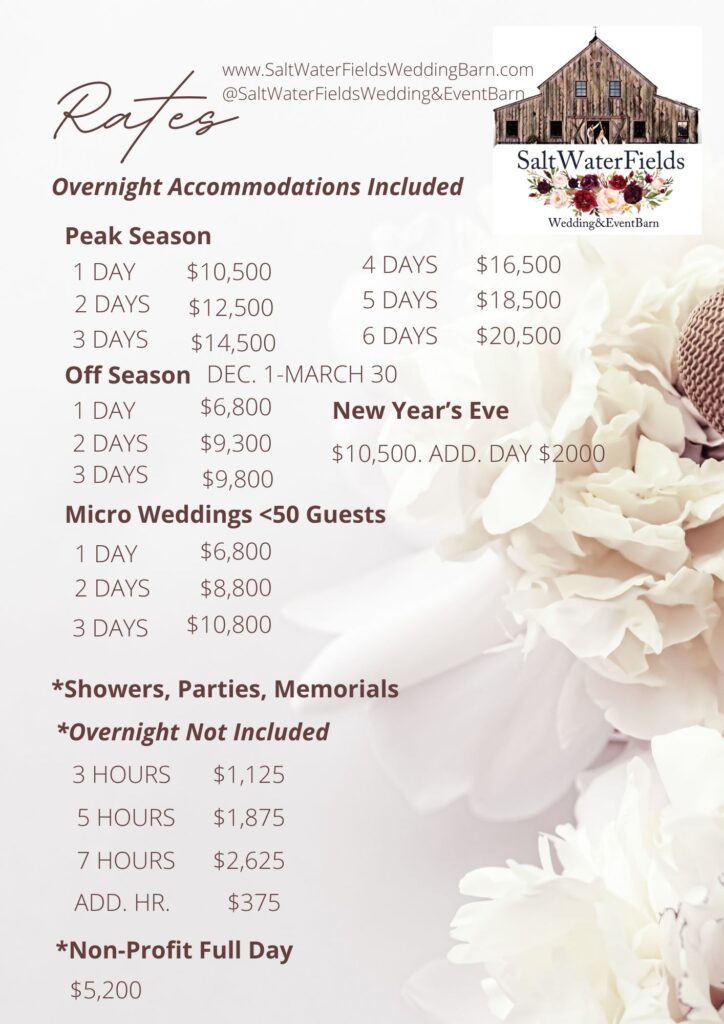 SaltWater Fields Wedding & Event Barn Overnight Accommodations Rates