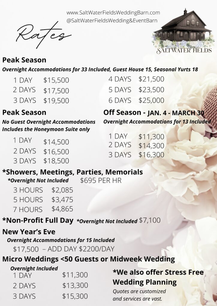 Maine destination wedding prices, wedding weekend rentals, overnight accommodations, guest lodging, micro wedding pricing, and wedding planning services